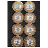 LOT OF 8 .999 FINE SILVER $10 GAMING TOKEN (A64)