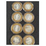 LOT OF 8 .999 FINE SILVER $10 GAMING TOKEN (A17)