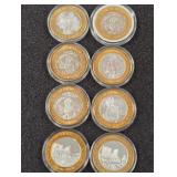 LOT OF 8 .999 FINE SILVER $10 GAMING TOKEN (A14)