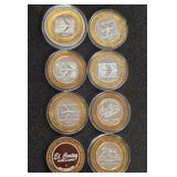 LOT OF 8 .999 FINE SILVER $10 GAMING TOKEN (A67)