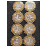 LOT OF 8 .999 FINE SILVER $10 GAMING TOKEN (A51)