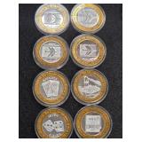 LOT OF 8 .999 FINE SILVER $10 GAMING TOKEN (A65)