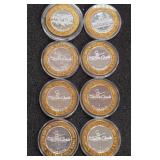 LOT OF 8 .999 FINE SILVER $10 GAMING TOKEN (A61)