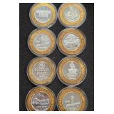LOT OF 8 .999 FINE SILVER $10 GAMING TOKEN (A69)