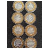 LOT OF 8 .999 FINE SILVER $10 GAMING TOKEN (A70)
