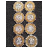 LOT OF 8 .999 FINE SILVER $10 GAMING TOKEN (A53)