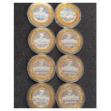 LOT OF 8 .999 FINE SILVER $10 GAMING TOKEN (A60)