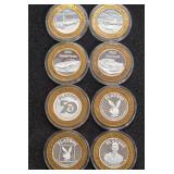 LOT OF 8 .999 FINE SILVER $10 GAMING TOKEN (A38)
