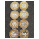 LOT OF 8 .999 FINE SILVER $10 GAMING TOKEN (A39)