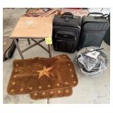 O - THROW RUGS, SUIT CASES, SIDE TABLE, FOUNTAIN