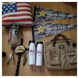 O - US ARMY PENNANTS, BAG, WATER BOTTLES, MORE