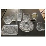 J - MIXED LOT OF GLASS PLATES, BOWLS, CLOCK (L87)