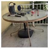 J - ROUND PATIO TABLE, UMBRELLA BASE, HAND TOOLS