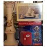 J - CERAMIC VASE, MINI TEA SET, PERSONAL COOLER