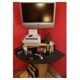 J3 - 27"TV, PRINTER, CORNER TABLE WITH CONTENTS