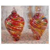 K - TWO HAND BLOWN GLASS HUMMINGBIRD FEEDERS