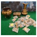 11 - BRASS PITCHER, CACHEPOT, TRINKET BOX, MORE