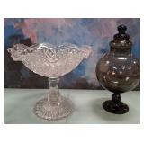11 - VINTAGE PEDESTAL BOWL & SMOKY GLASS JAR