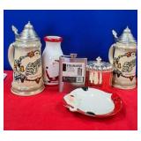 N - STEINS, FLASK, SANTA MILK & COOKIES DISH (N26)