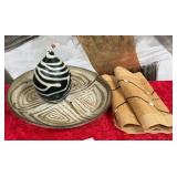 KENYAN GOURD BOTTLE VASE, PLATTER, TABLE RUNNER