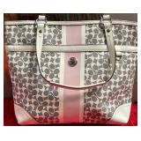 COACH GRAY/WHITE PINK STRIPE DUAL HANDLE TOTE