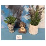 11 - PLANTERS WITH FAUX PLANTS & BUST FIGURINE