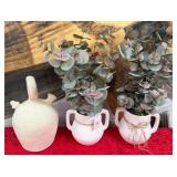 11 - CERAMIC PLANTERS WITH GREENERY, WATER JUG