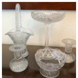 J1 - VINTAGE GLASS PEDESTAL BOWL, BASKET, VASES