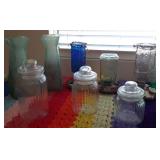 J2 - MIXED LOT OF GLASS JARS, BIRD FEEDERS, VASES