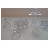J2 - CRYSTAL CANDLE HOLDERS, CROSS, RING DISH