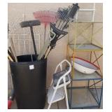 J2 - LOT OF GARDEN TOOLS, STEP LADDER, SHELVING