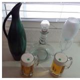J2 - PITCHER VASE, DECANTER, FAUX BEER MUGS (R25)