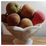 J2 - MILK GLASS PEDESTAL BOWL WITH FAUX FRUIT