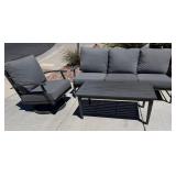 15 - PATIO SETTEE, SWIVEL CHAIR & COFFEE TABLE