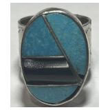 STERLING SILVER TURQUOISE/ ONYX RING 17.8 GRS