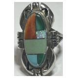 STERLING SILVER CORAL/TURQUOISE RING 8 GRS