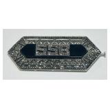 STERLING SILVER ONYX/MARCASITE BROOCH 14.1 GRS