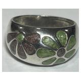STERLING SILVER ENAMEL FLORAL RING 8.4 GRS