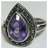STERLING SILVER AMETHYST & MARCASITE RING 6.70GR