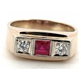 14KT YELLOW GOLD LAB RUBY & DIAMOND RING