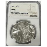 1881 S MORGAN SILVER DOLLAR MS62