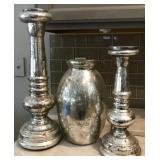 J4 - VINTAGE MERCURY GLASS CANDLESTICKS & VASE