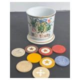 716 -ANTIQUE HAND PAINTED SHAVING MUG, POKER CHIPS