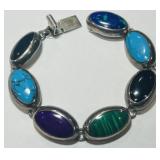 STERLING SILVER MULTI GEM 7INCH BRACELET 35.80GRS