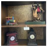 J1 - LOT OF TWO CLOCKS, STATUETTE & TOY TRAIN (O14
