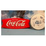 502 - COCA-COLA SIGN, SIGNED BAND DRUMHEAD