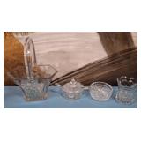 11 - VINTAGE GLASS BASKET, JAM JAR, BOWL, VASE