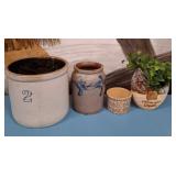 11 - STONEWARE CROCKS & VASE WITH FAUX GREENERY