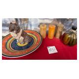 502 - CANDLES, DOG FIGURINE, PLATE, VASE