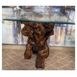 502 - GLASS TOP BURL WOOD TABLE(M98)